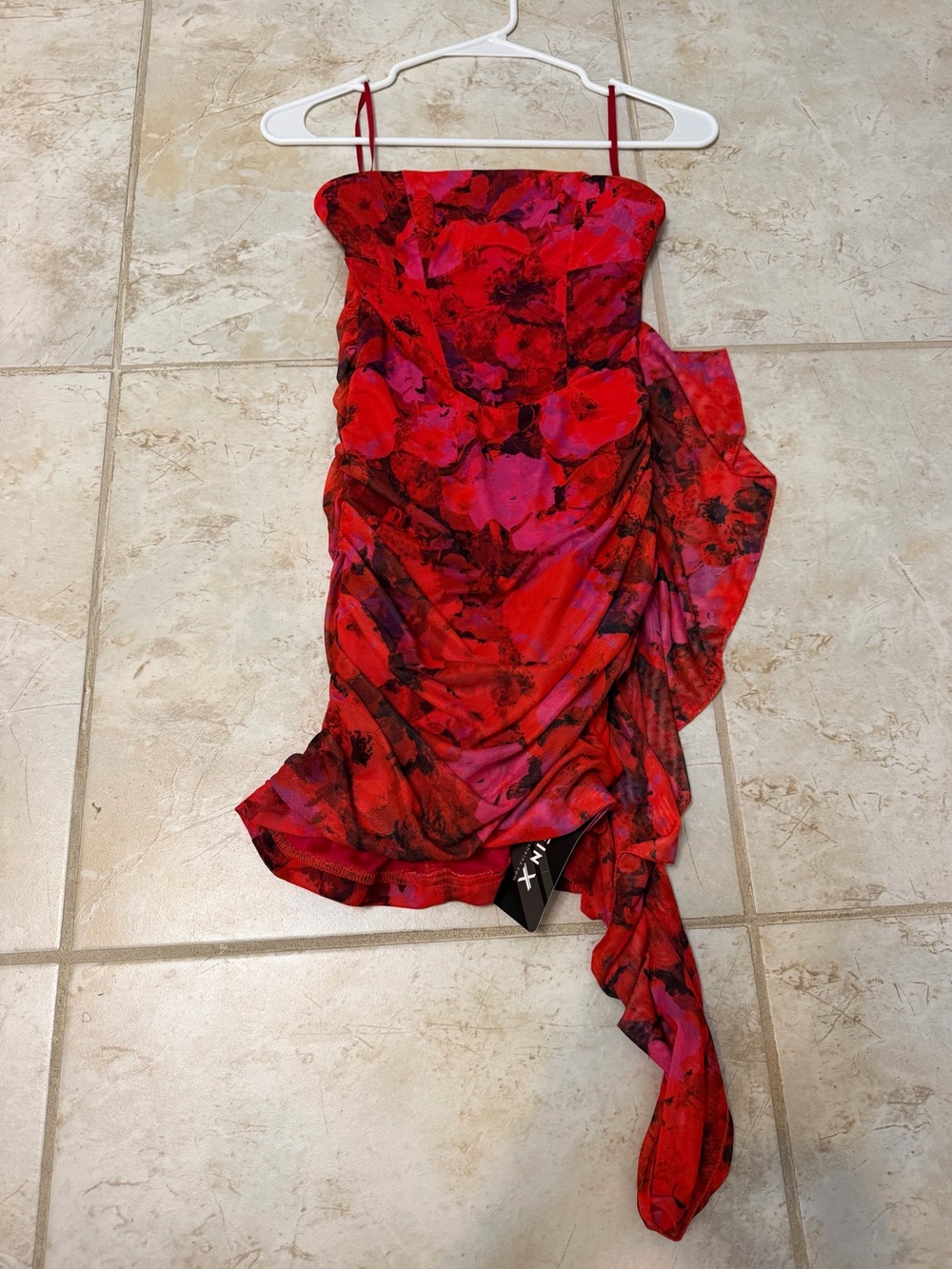 SHEIN Red & Pink Strapless Floral Ruched Mini Dress